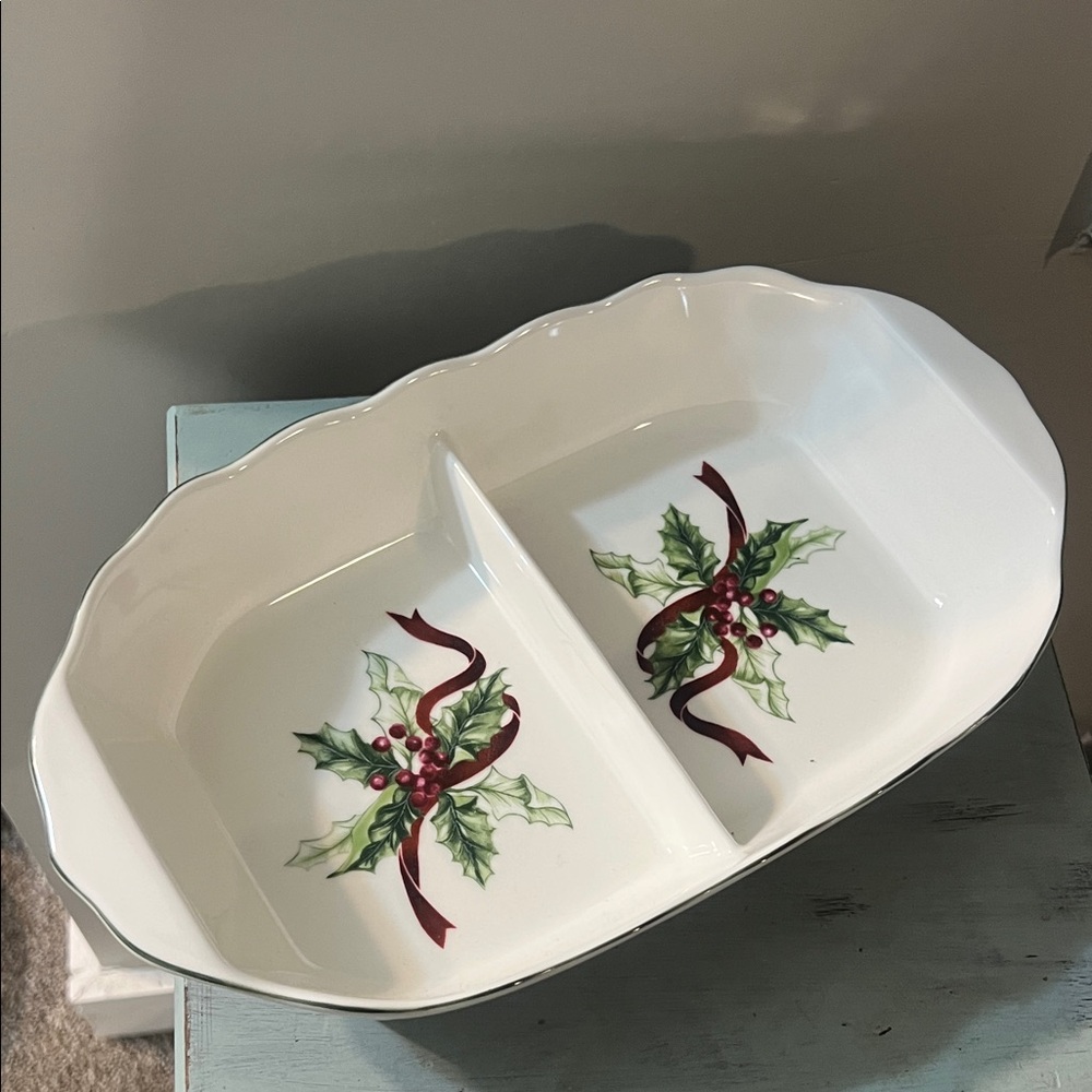 Charter Club White and Green Holly Divided Dish